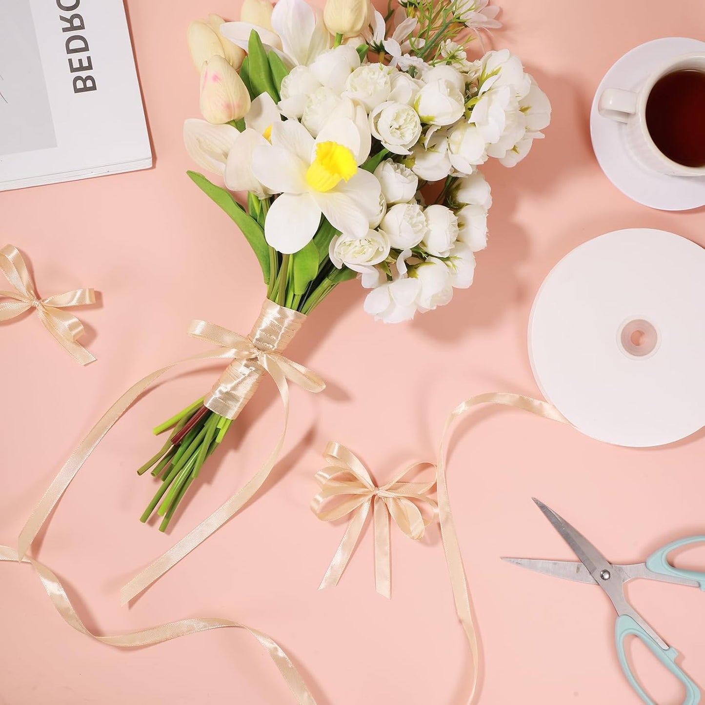 120 Yards Champagne Ribbon 3/8 Inch Thin Gold Satin Ribbon Craft Fabric Christmas Ribbons for Hair Bow Making Gift Wrapping Floral Bouquet Party Birthday Graduate Gift 2025 Decorations