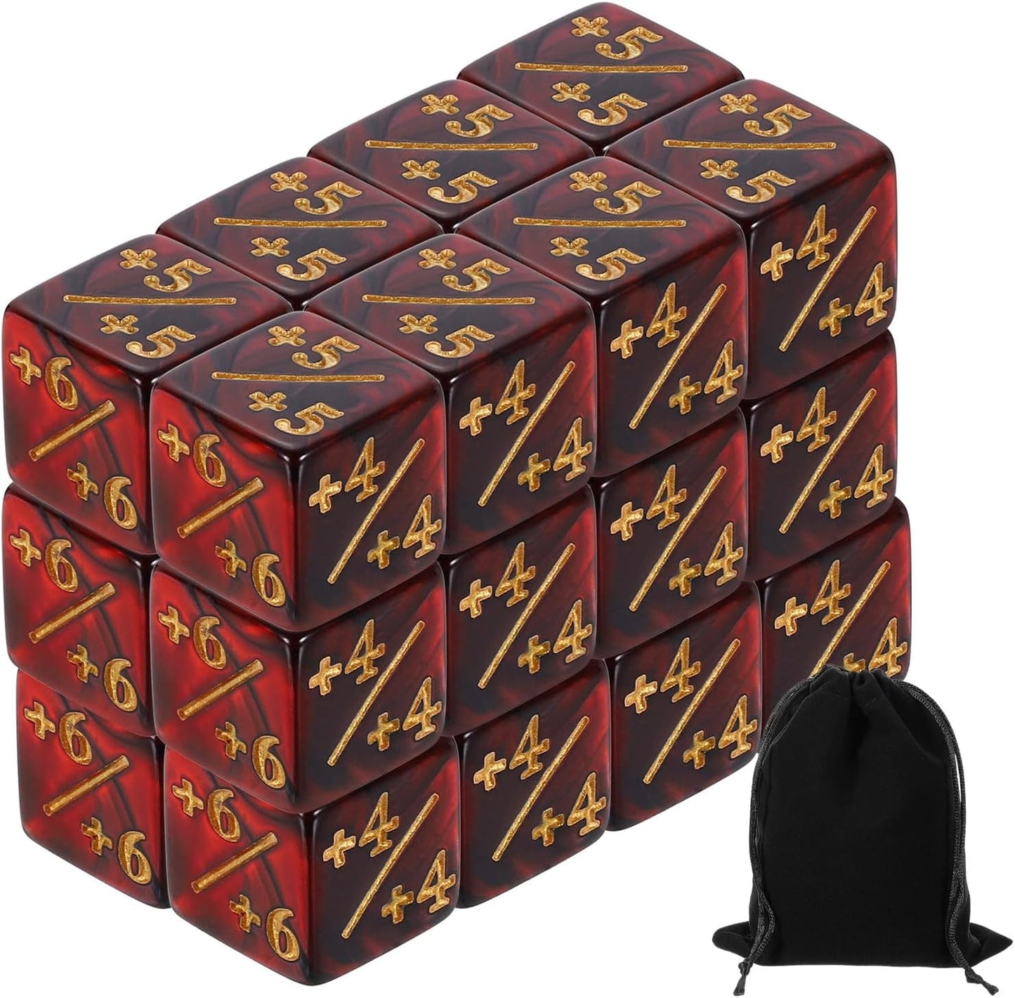 uxcell 24Pcs Magic Dice Counters, Acrylic D6 Life Token Dice Set with Pouch for Standard Cards Gaming Accessories, Red & Black
