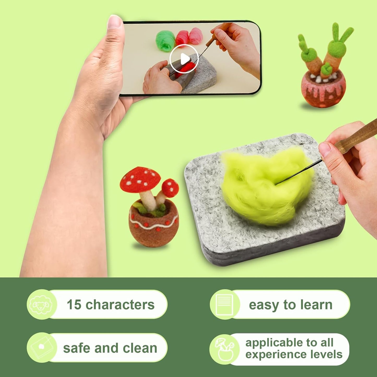 Jevuoyee 15pcs Succulent Needle Felting Kit for Beginners Adult - DIY Starter Kit with Wool Roving, Felting Mat, Needles, Instructions for Home Decoration Crafts