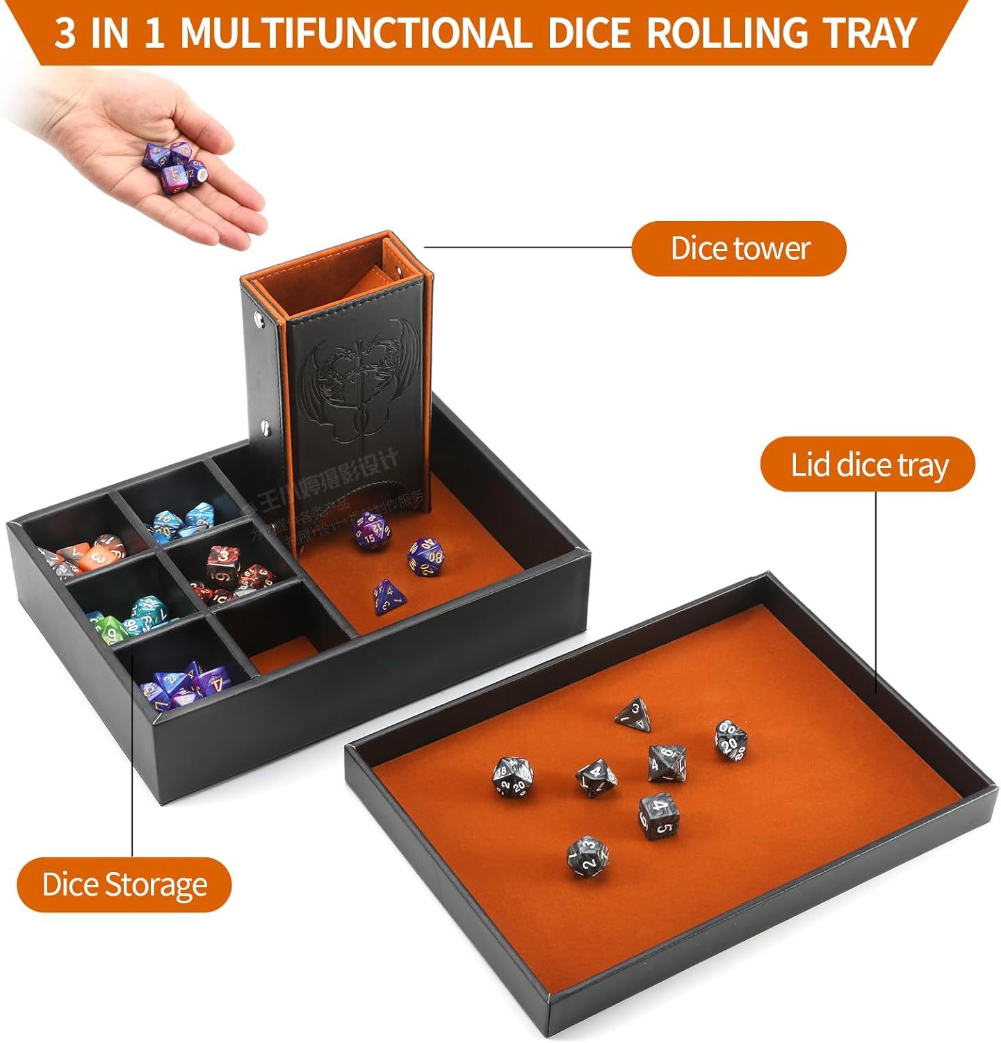 3 in 1 Dice Tray and Tower with Storage, Portable Dice Box for DND, D&D, MTG - Brown