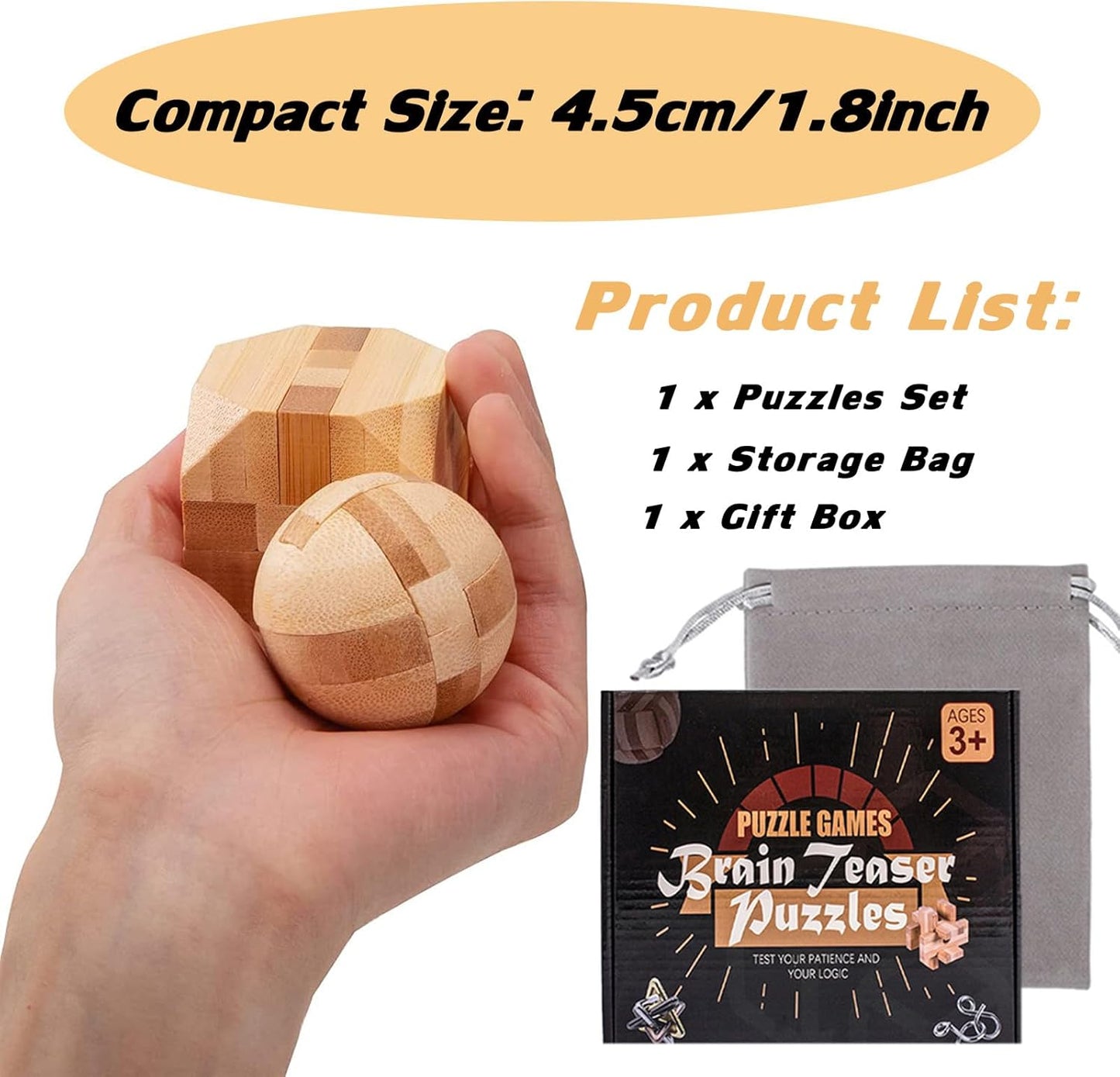 VolksRose 15pcs Wooden Brain Teaser Puzzles, IQ Challenge Puzzle Games, Logic Mind Puzzle Box Lock Toy Disentanglement 3D Small Brain Puzzle Gift Set for Adults Teenagers Kids, 1.8inch 4.5cm