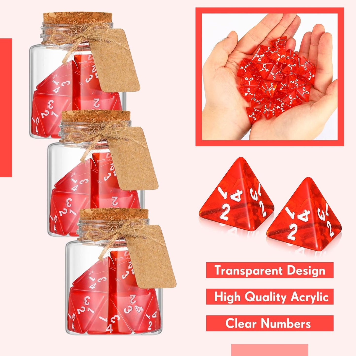 Wettarn 120 Pcs Transparent Red D4 Dice6 Pcs Pot Bottles Plastic Favor Jars with Cork Lids Healing Potion Bottles Polyhedral Dice Set for Party Favors Table Games(Round Style)