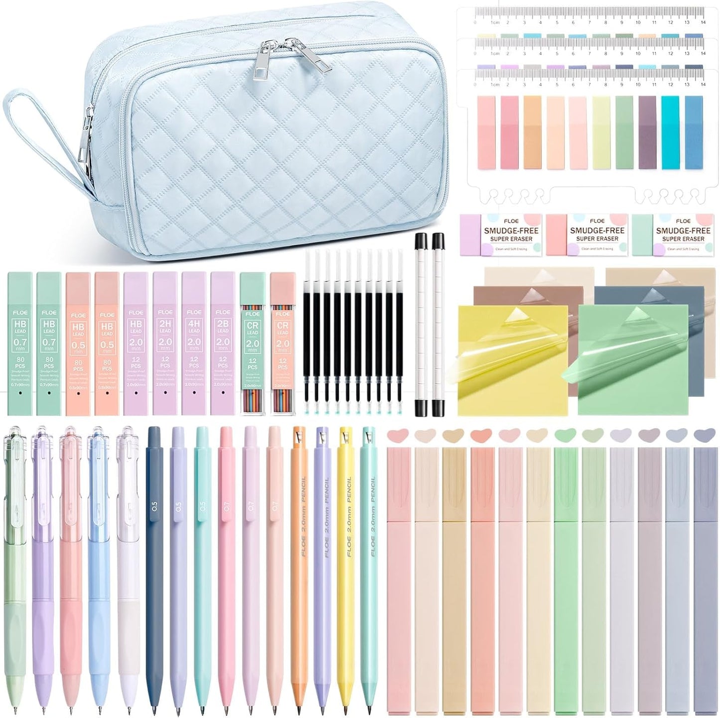 62PCS Aesthetic School Supplies with Cute Pencil Case, Pastel Highlighters Black Ink Gel Pens Mechanical Pencils Kit, Back to School Supplies College Essentials Preppy Stationary Set for Student Girls