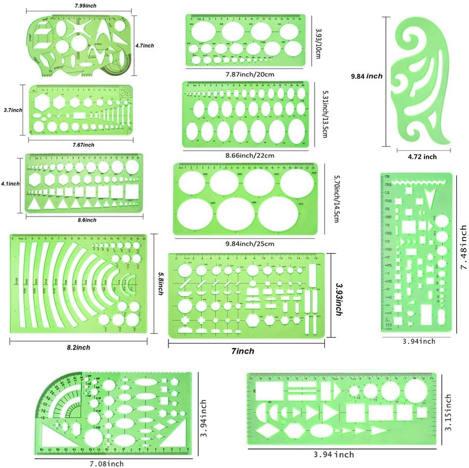11 Pieces Geometric Drawings Templates Stencils Plastic Measuring Template Rulers Clear Green Shape Template for Drawing Engineering Drafting Building School Office Supplies