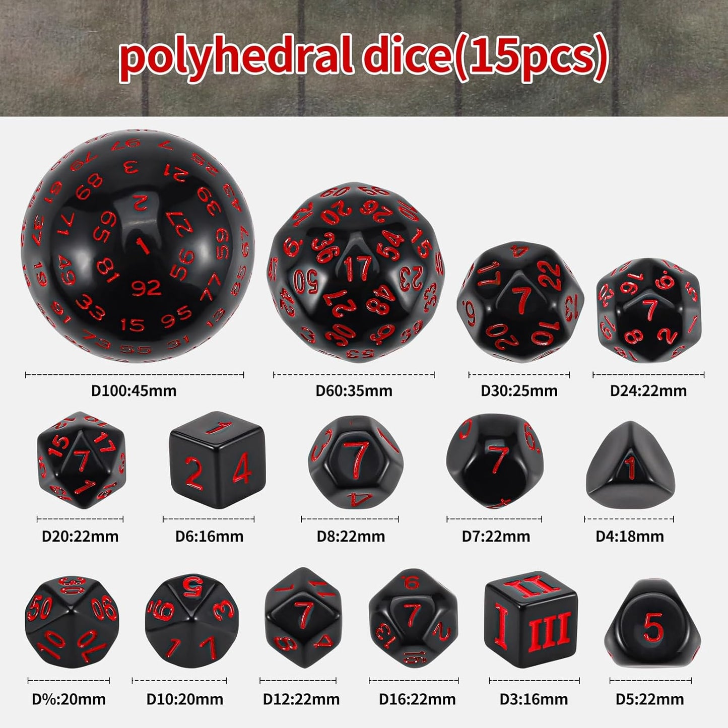 CiaraQ DND Polyhedral Dice Set (15pcs) D4-D100 Game Dice with Dice Bag for Dungeons and Dragons Role Playing Table Games (Black & Red)