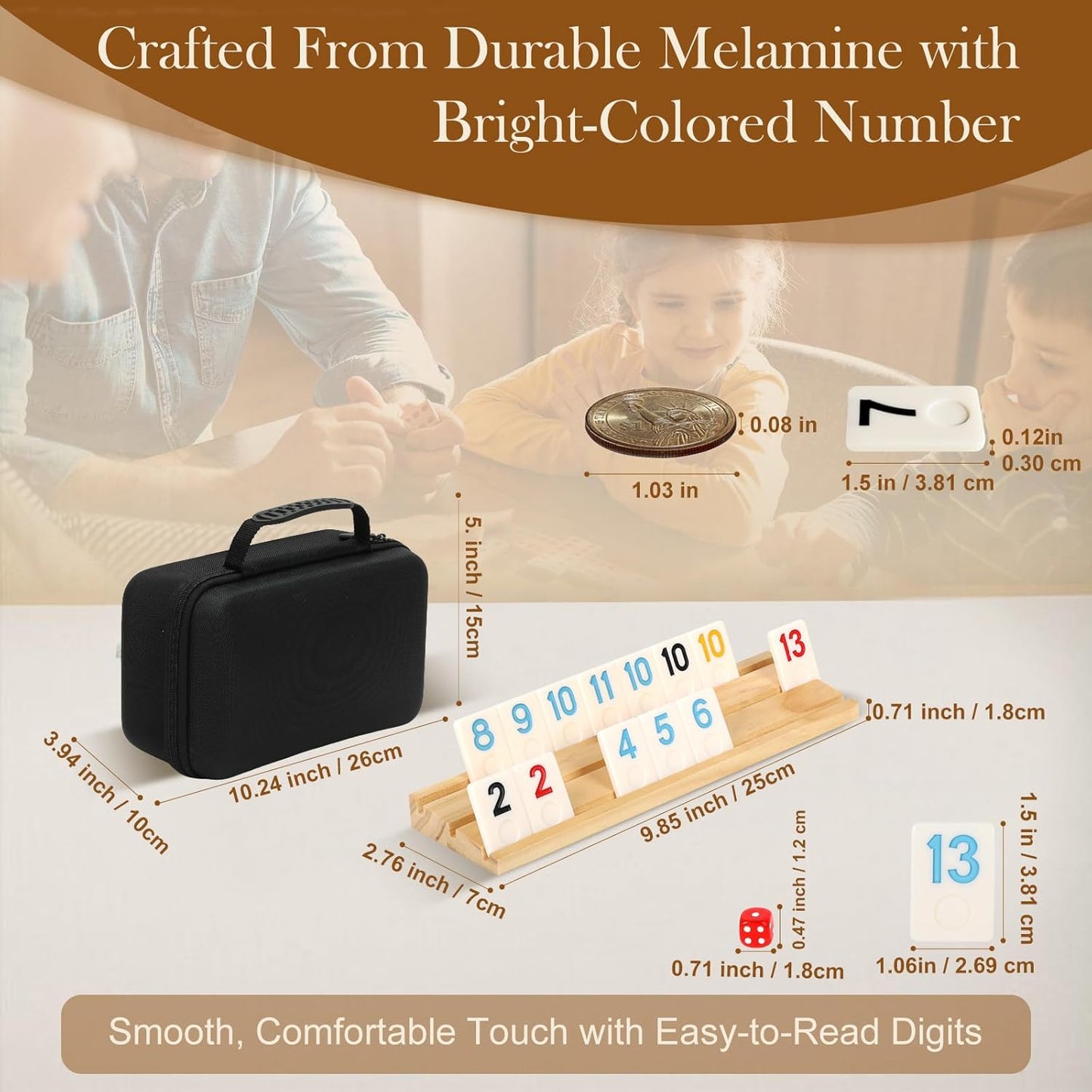 Upgraded 2-6 Players Rummy Game with 6 Wooden Racks, 160 Melamine Tiles, Drawstring Bag, Premium Portable Case, Tile Board Games for Adults & Kids Age 8+, Birthday Gifts for Women Men Dad Mom