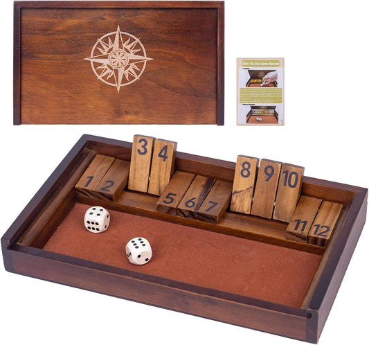 Shut The Box Game with 12 Pcs Wooden Numbers，Wooden Board Table Math Game