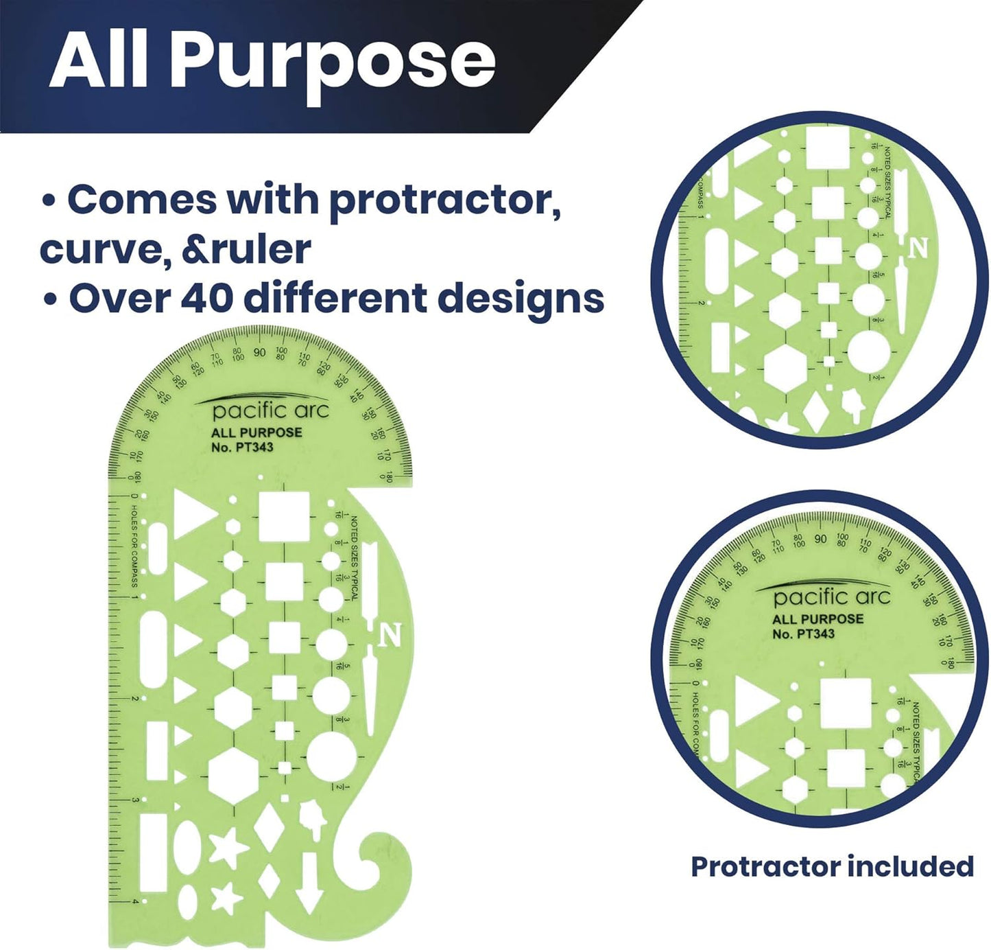 Pacific Arc All Purpose Template Guide, Featuring A Protractor, 4 Inch Ruler, French Curves, and Standard Shapes