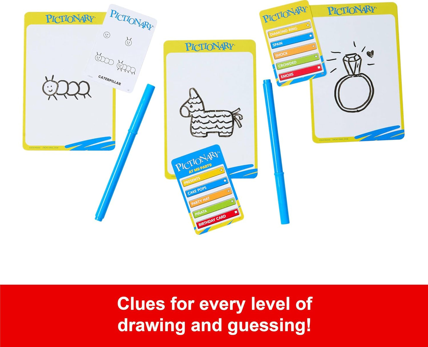 Mattel Games Pictionary Family Board Game for Kids, Adults and Game Night for 2 Teams with Erasable Markers, Boards and Sand Timer