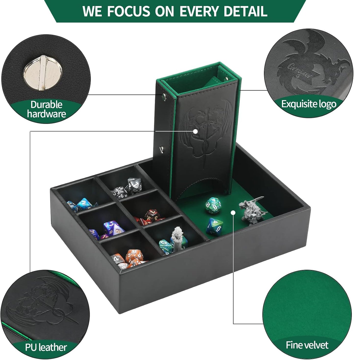 3 in 1 Dice Tray with Lid, Portable Dice Box Storage, D&D RPG MTG Table Games (Green)