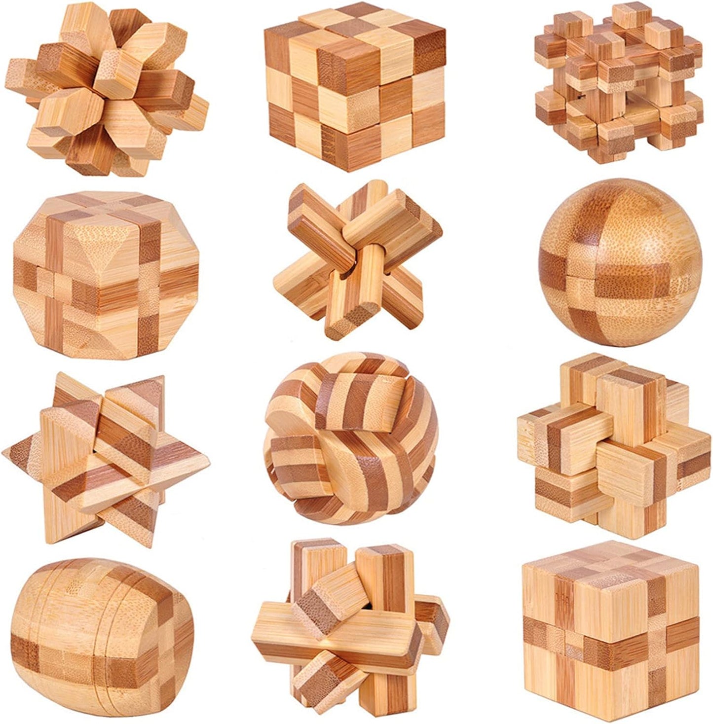 VolksRose 12pcs Wooden Brain Teaser Puzzles, IQ Challenge Puzzle Games, Logic Smart Mind Puzzle Box Lock Toy Removing Assembling 3D Small Puzzle Gift Set for Adults Teenagers Kids, 1.8inch 4.5cm