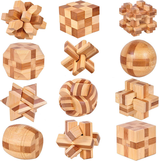 VolksRose 12pcs Wooden Brain Teaser Puzzles, IQ Challenge Puzzle Games, Logic Smart Mind Puzzle Box Lock Toy Removing Assembling 3D Small Puzzle Gift Set for Adults Teenagers Kids, 1.8inch 4.5cm