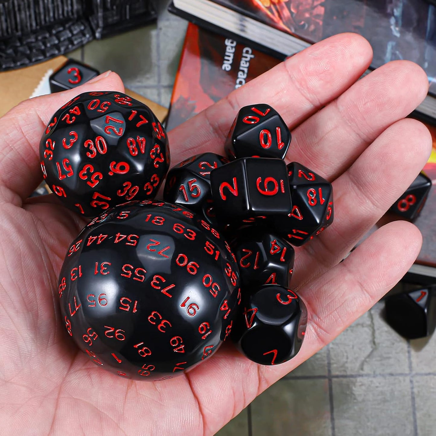 CiaraQ DND Polyhedral Dice Set (15pcs) D4-D100 Game Dice with Dice Bag for Dungeons and Dragons Role Playing Table Games (Black & Red)