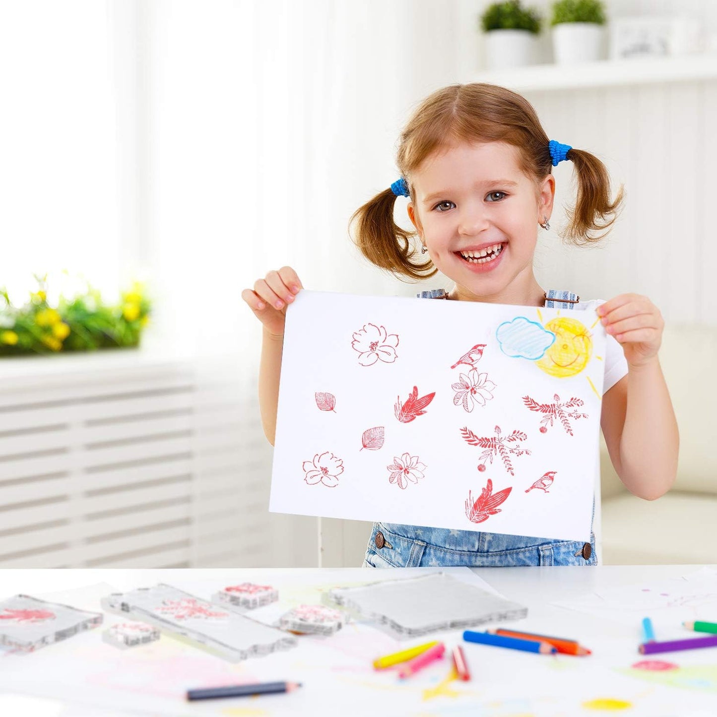 Mudder 7 Pieces Acrylic Stamp Blocks Set Clear Stamping Blocks Tools for Kids with Grid and Grip Scrapbooking Craft Making, Decorative DIY Essential Stamping Tool(Lace Edge)