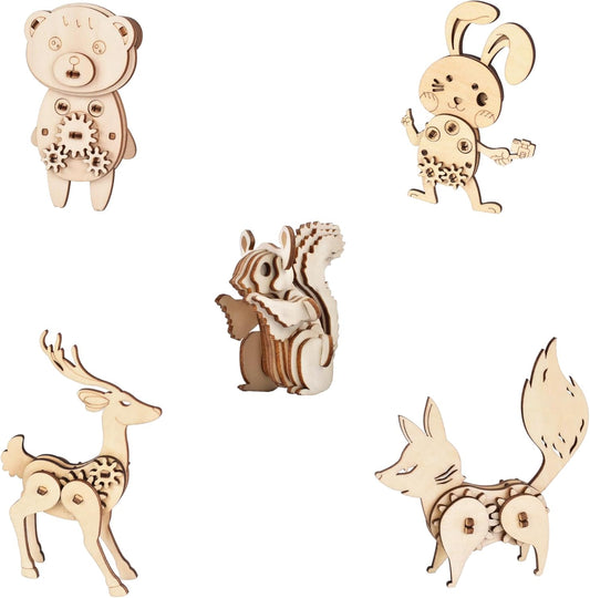 Wooden Animal Puzzles for Ages 8+, 5 Pack 3D Wooden Puzzles, STEM Kits for Kids & Adults, Wood Crafts Model Kits, STEM Toys, DIY Art Projects, Educational Gifts Toys, Party Favors - Woodland Frens