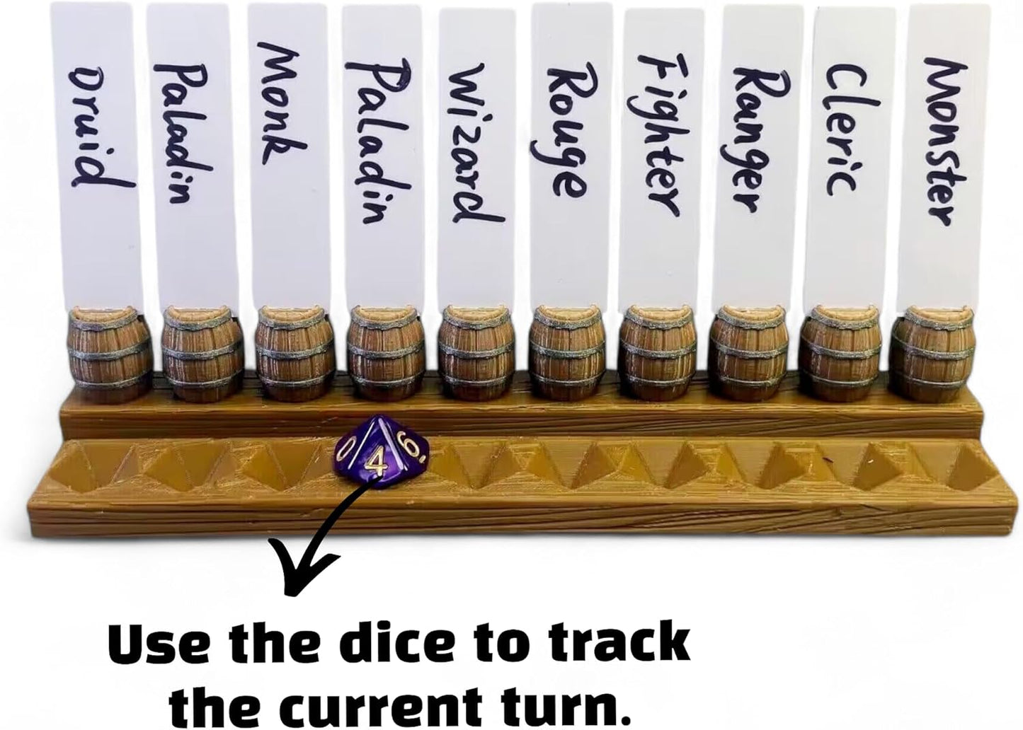 Initiative Tracker with 10 Barrel Slots, Erasable Name Tags, and Dice for Tracking Order. Ideal for DND and Other TTRPGs Brown with Silver