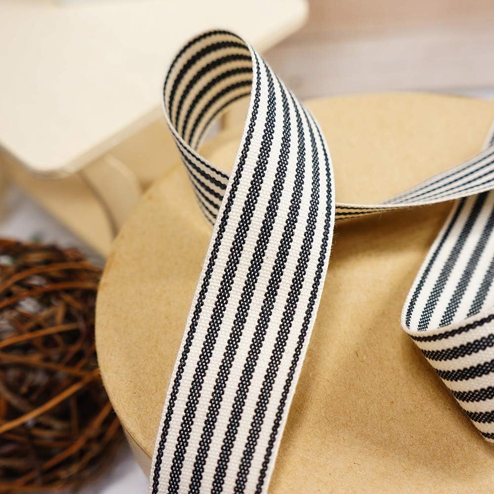 CT CRAFT LLC Ivory Cotton Black Stripes Ribbon 1" x 10 Yards for Home Décor Gift Present Wrapping DIY Crafts Birthday Wedding Bouquet Christmas