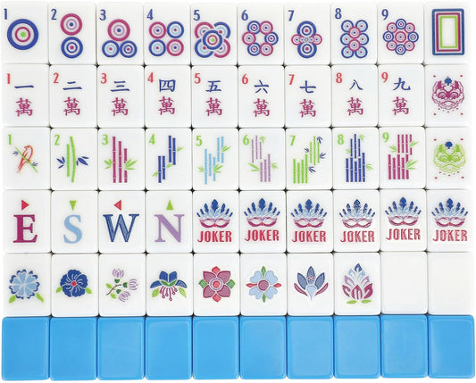 American Mahjong Tile Set,166 Tiles White Blue Melamine Tiles,Mahjong Game Set with Portable Travel case