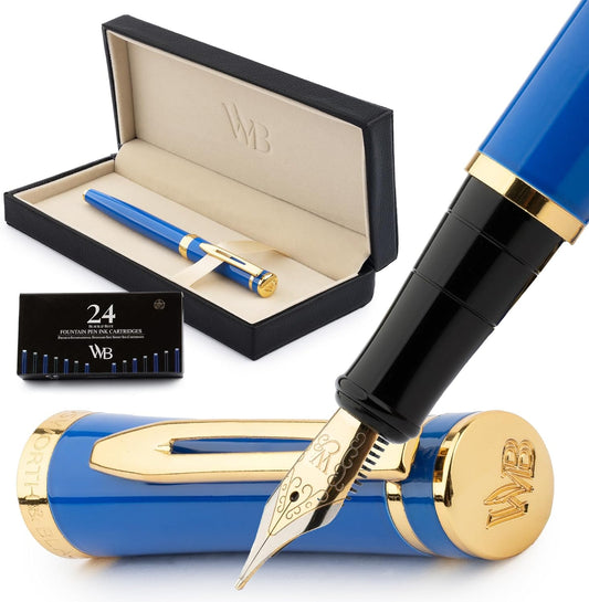 Wordsworth & Black Fountain Pen Set, 18K Gilded Medium Nib, Includes 24 Pack Ink Cartridges, Ink Refill Converter & Gift Box, Gold Finish, Calligraphy, [Imperial Blue], Perfect for Men & Women