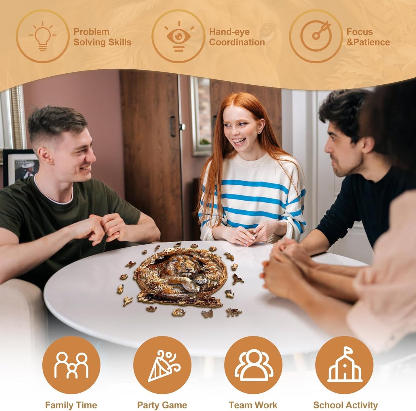 KAAYEE Wooden Puzzles for Adults, 3D Vision Effect Lion King Wooden Jigsaw Puzzles Flat 100 PCS Unique Shape Advanced Wood Puzzle Adult, Birthday Fathers Family Game (S-8.5 * 8.5 in)