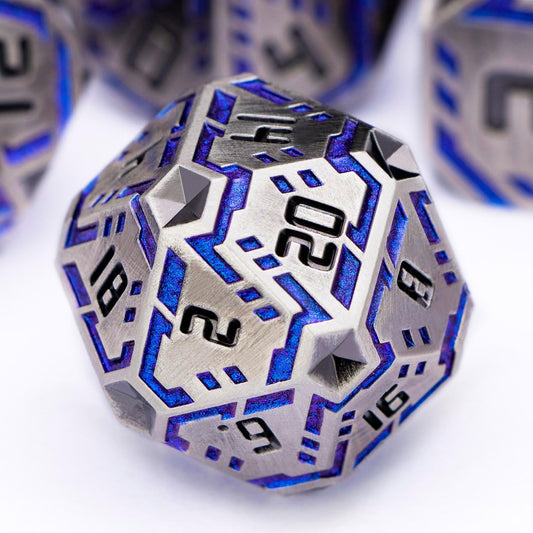 Metal DND Sci-fi Dice Set 7PCS Stripe Polyhedral Dice for Dungeons Dragons RPG Role Playing Game, Glitter D and D Dice with Gift Box D6 D8 D10 D12 D20 (Blue Purple&Grey)