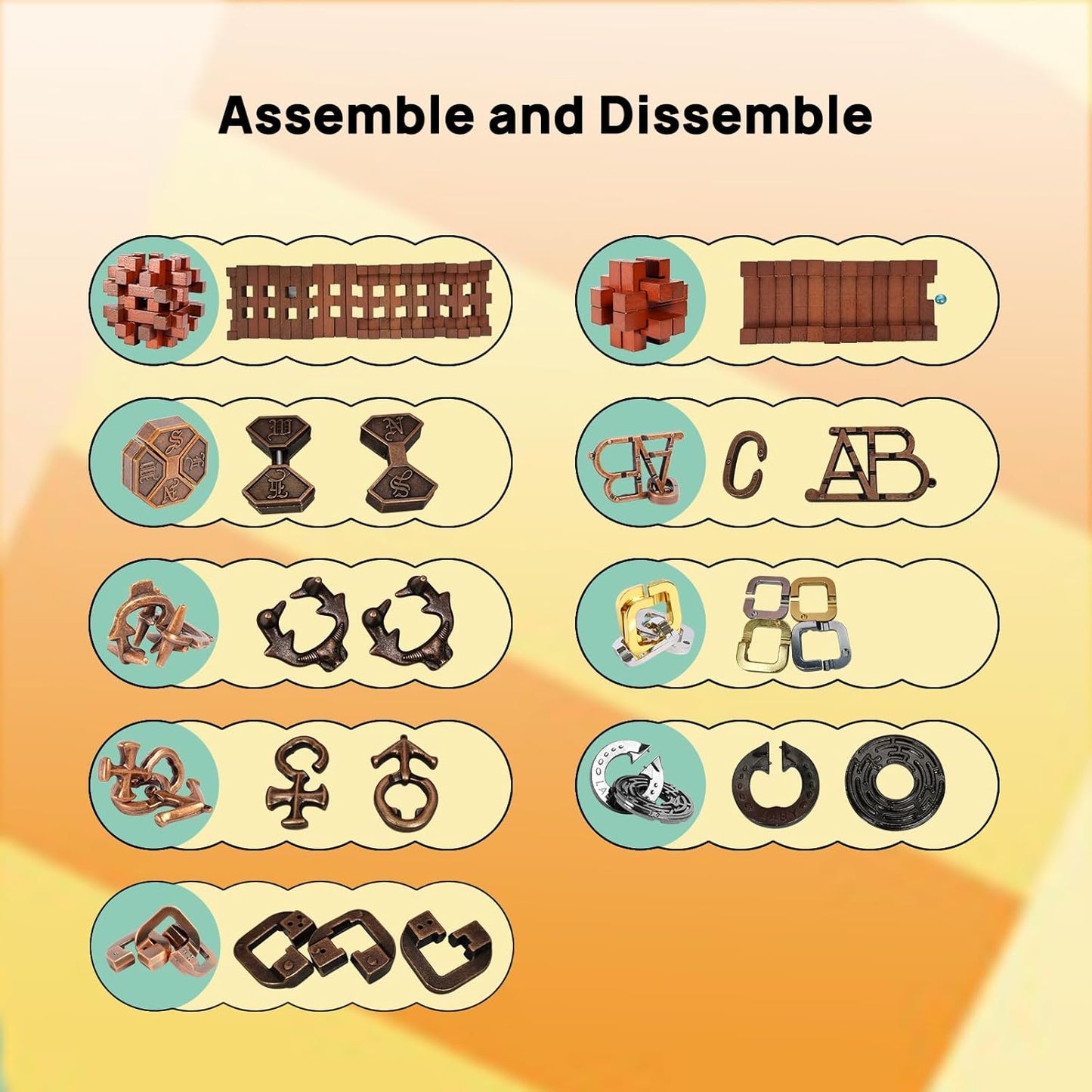 9pcs Difficulty Puzzles Gift for Adults, Teens, and Kids Brain Teaser Puzzles Game Desk Toys