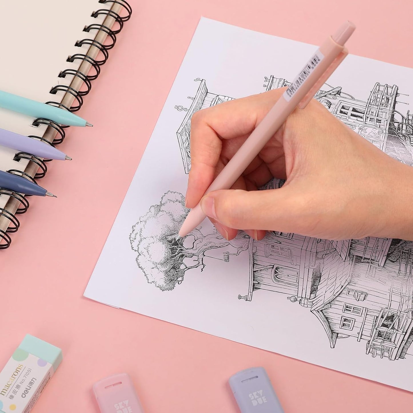 SKYDUE Cute Mechanical Pencils Set with Case, 6PCS 0.5mm & 0.7mm Mechanical Pencils, 360PCS HB Lead Refills, 4PCS Pastel Erasers, Pastel Back to School Supplies for Girls