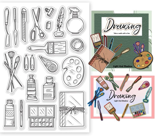 Painting Tools Clear Stamp for Scrapbooking Paint Brush Silicone Clear Stamp Pen Spatula Palette Rubber Transparent Seal Stamps for DIY Handbook Card Making Photo Album Journal Decoration