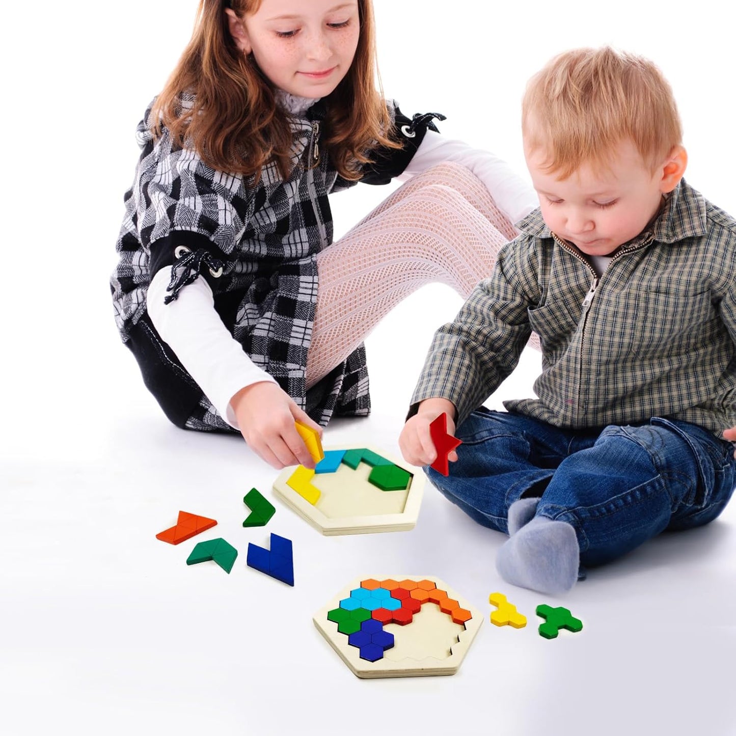 6 PCS Wooden Tangrams Puzzles for Kids, Wooden Hexagon Toddlers Puzzles Block Geometric Brain Teaser Wood Puzzle Tangram Logic IQ Toy Gifts for All Ages Boys Girls Adults Intelligence