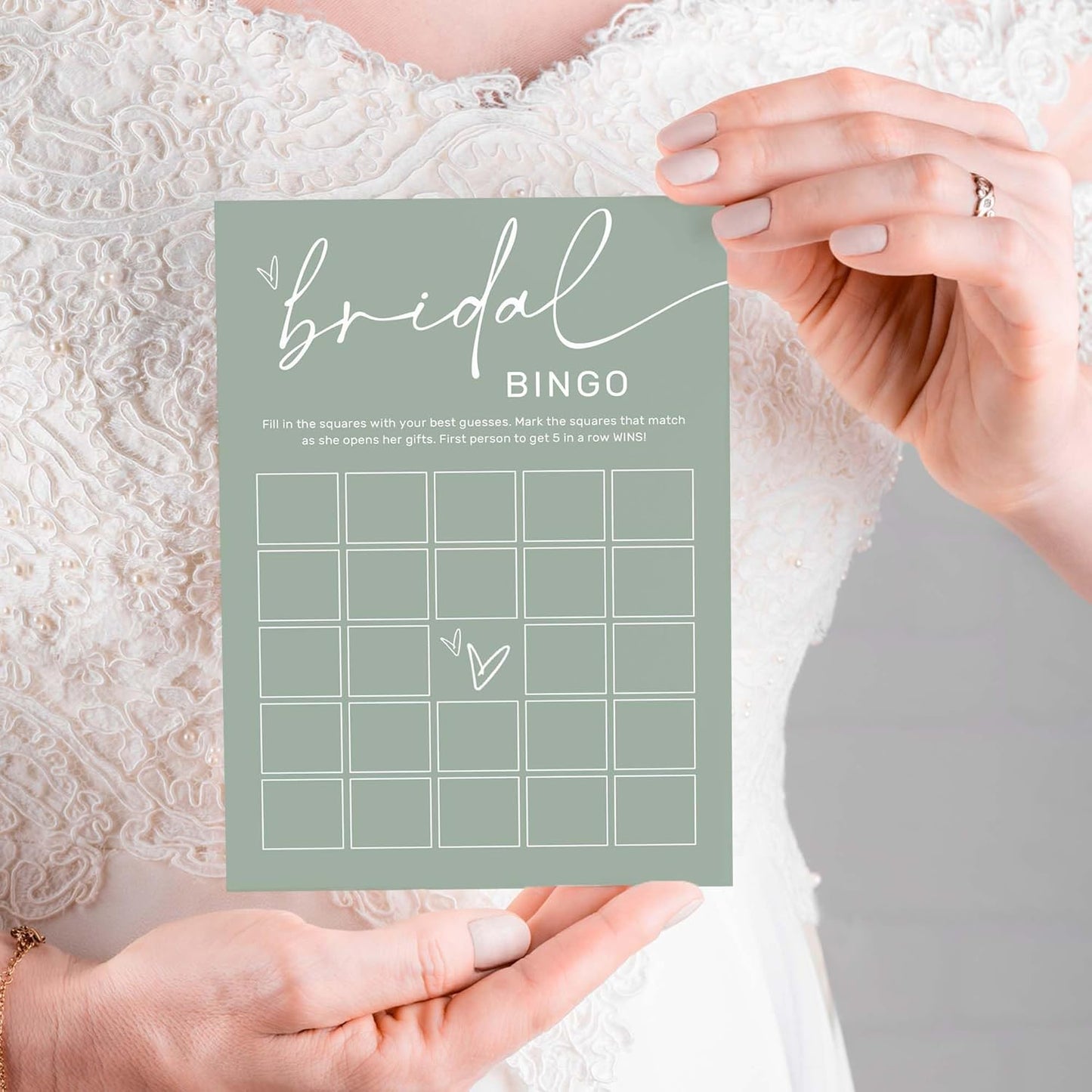 Bridal Shower Bingo, What Will The Bride to Be Receive, 25Pcs Bridal Bingo Game Cards, Engagement Party Games for Guests, Minimalist Green Wedding Party Supplies - C18