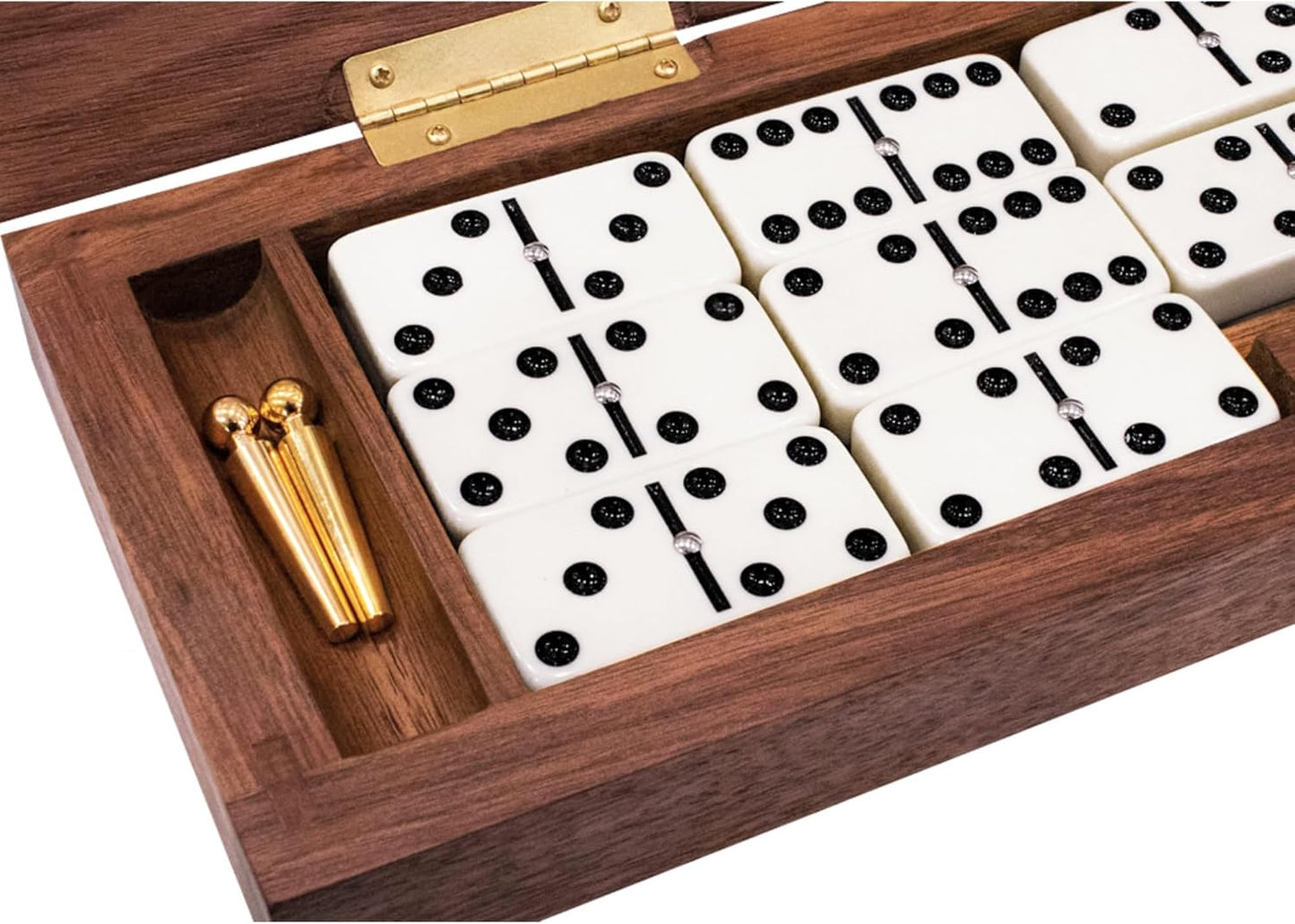 Alex Cramer Le Club Luxury Domino Set with Handcrafted Walnut Case and Cribbage/Counter Top - Tournament Quality 28 Indestructible (Domino Spinner Set with Brass Plate)