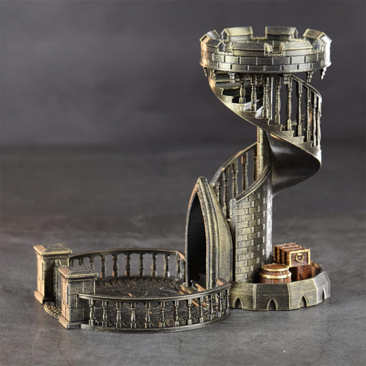 AUSPDICE DND Dice Tower Castle and Tray Retro Dice Rolling Tower for Dungeons and Dragons RPG Tabletop Games (Brushed Brass Color)