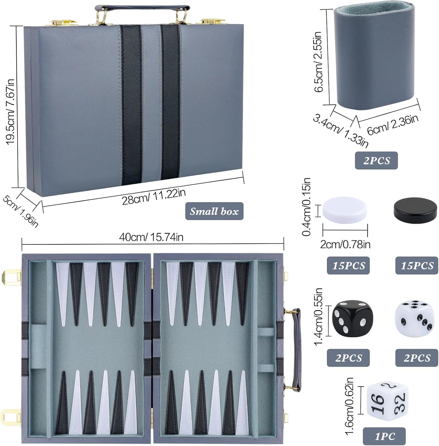 Backgammon Set 2 Players Classic Backgammon Sets for Adults Board Game with PU Leather Case Portable and Travel Backgammon Set (Grey, 11inch)