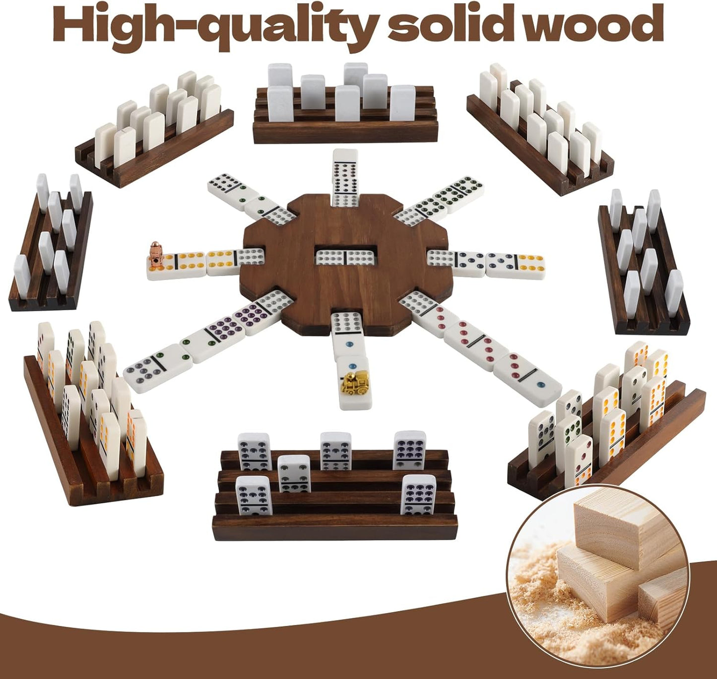 8 Players Mexican Train Dominoes Game Set - Double 12 Dominoes with Wooden Hub, 8 Metal Trains & Domino Storage Bag| Family Board Game for 2-8 Players