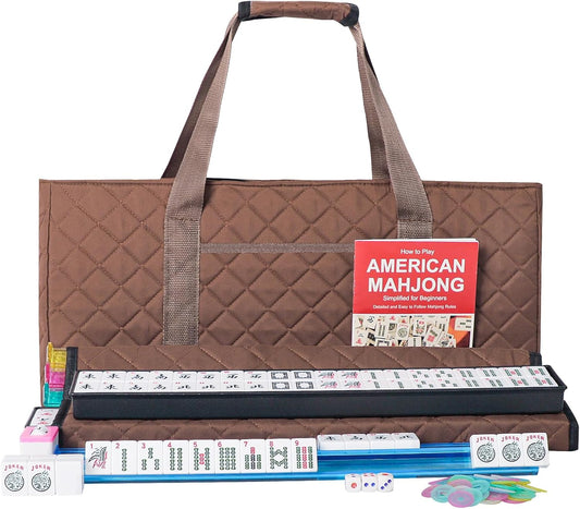 ZGME American Mahjong Set,166 White Tiles with Brown Rectangular Bag and Accessories,4 All-in-One Mahjong Racks with Pushers