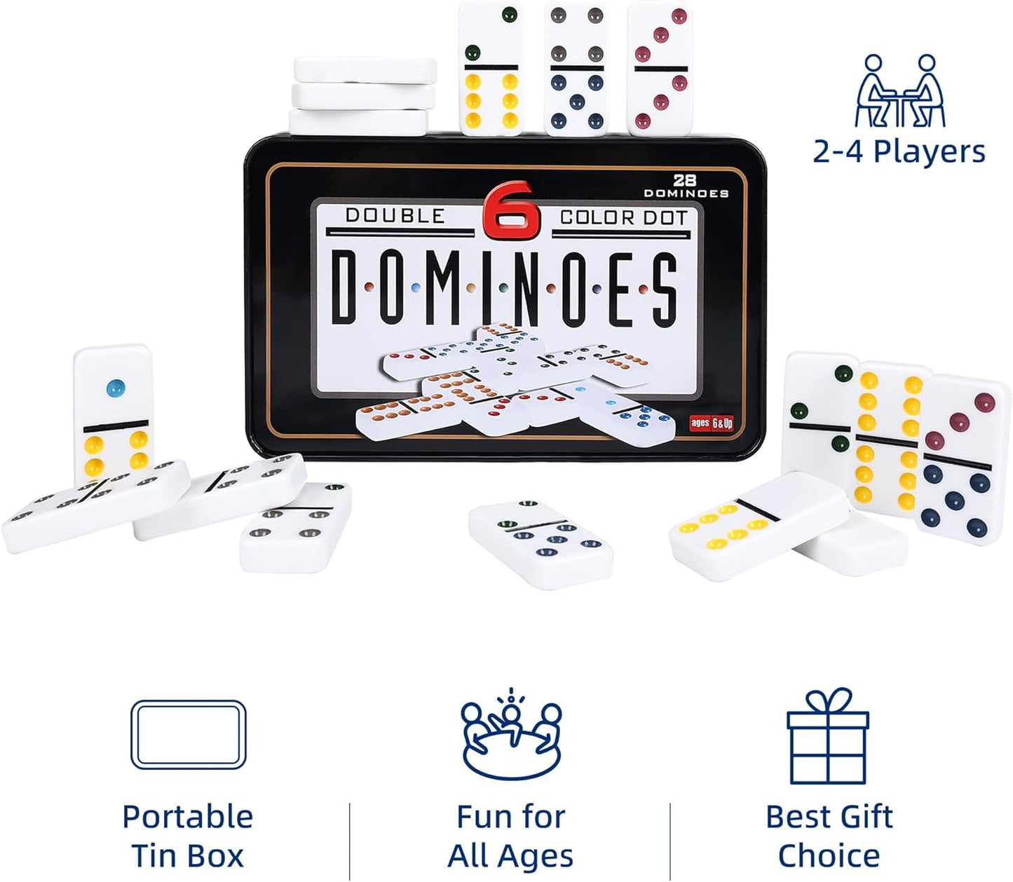 Double Six Dominoes Set with Tin Box - 28 Color Double 6 Domino Tiles for Kids & Adults, Classic Family Board Games for 2-4 Players, Travel, Party