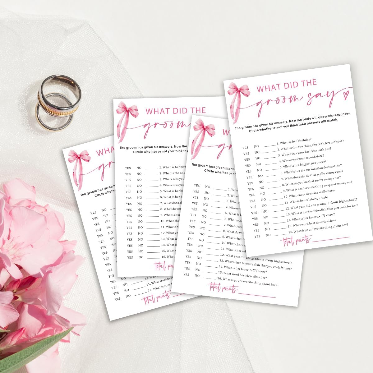Wedding Shower Games Cards, What Did The Groom Say, Bridal Shower Games 25 Guests, Engagement Party Wedding Games for Guests, Pink Ribbon Bow Wedding Party Supplies - E12