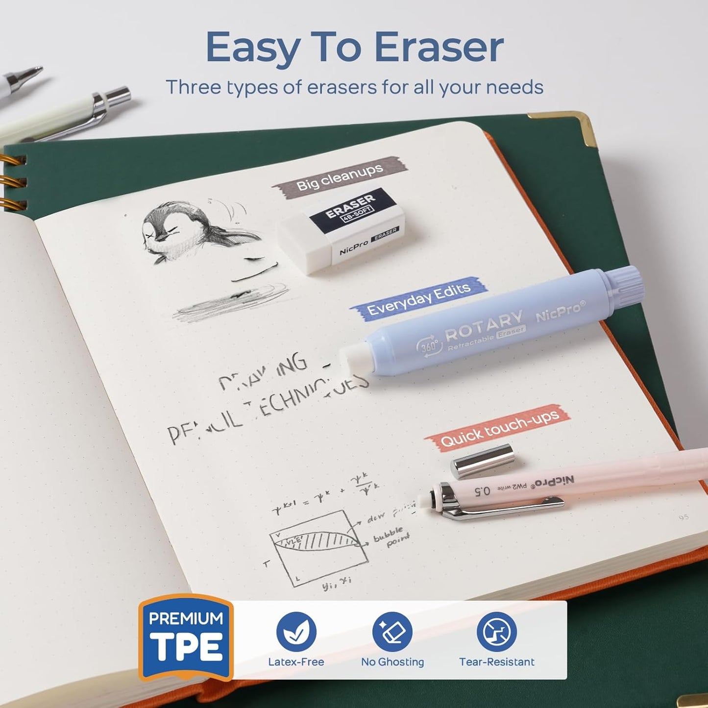 Nicpro Cute Mechanical Pencil Set, 4PCS 0.5 & 0.7 mm Pastel Drafting Pencils with 4 Tube HB Lead Refills, 4B Erasers, Rotary Retractable Eraser, Eraser Refill for Writing Sketching School Supplies