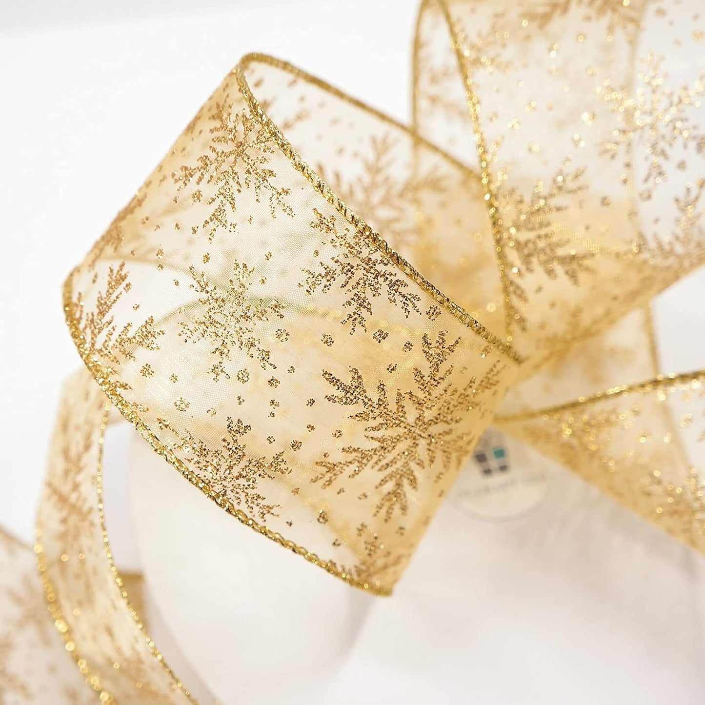 CT CRAFT LLC Organza with Gold Glitter Snowflakes Wired Ribbon 2.5 inch x 50 Yards for Christmas Home Decor Tree Topper Bow Gift Wrapping DIY Crafts Wreath Garland Wedding