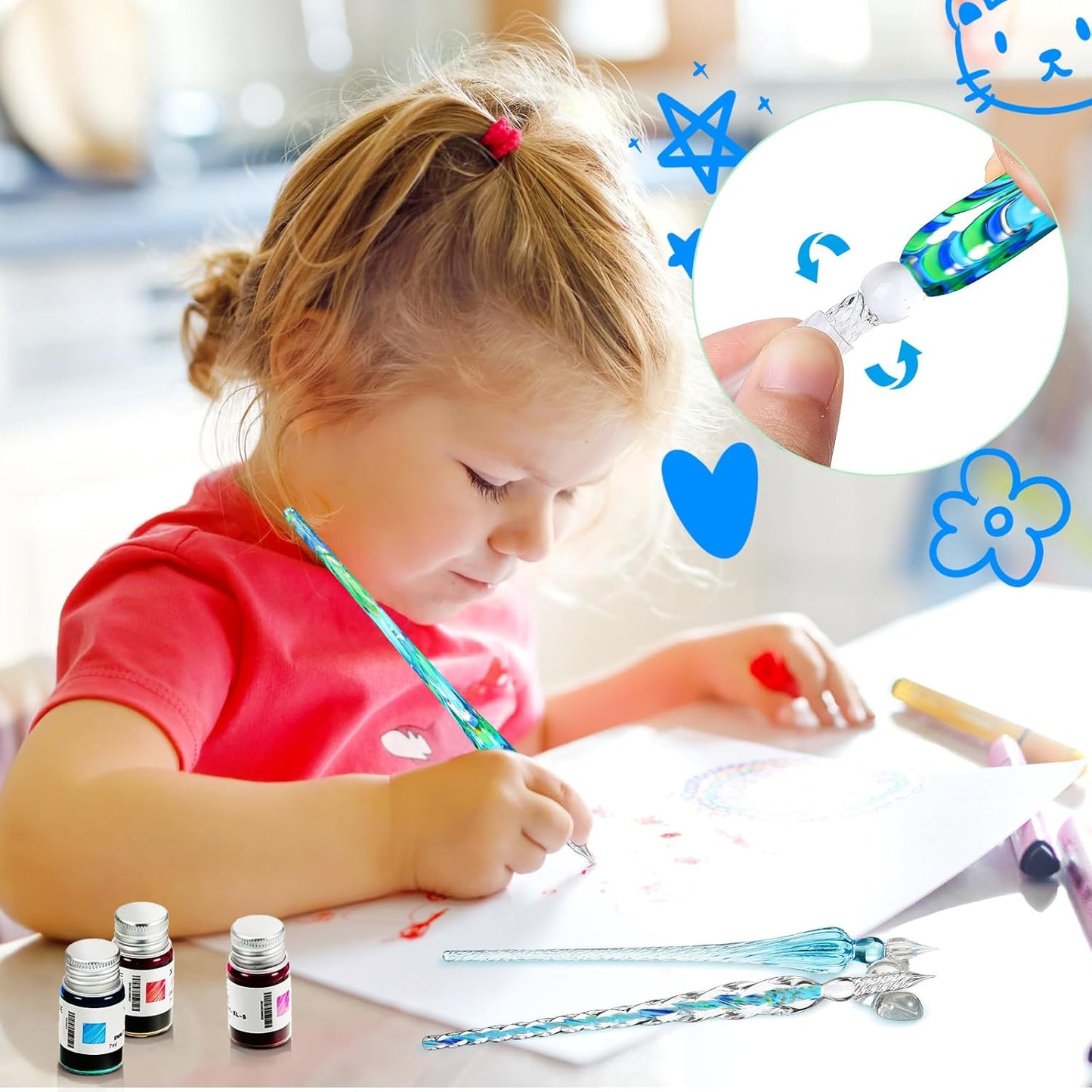 Zonon Glass Dipped Pen Ink Set 14 Pcs Include 6 Pcs Glass Dip Pen, 6 Colorful India Ink and 2 Holder Crystal Signature Calligraphy for Art, Writing, Signatures, Gift(Blue Color System)