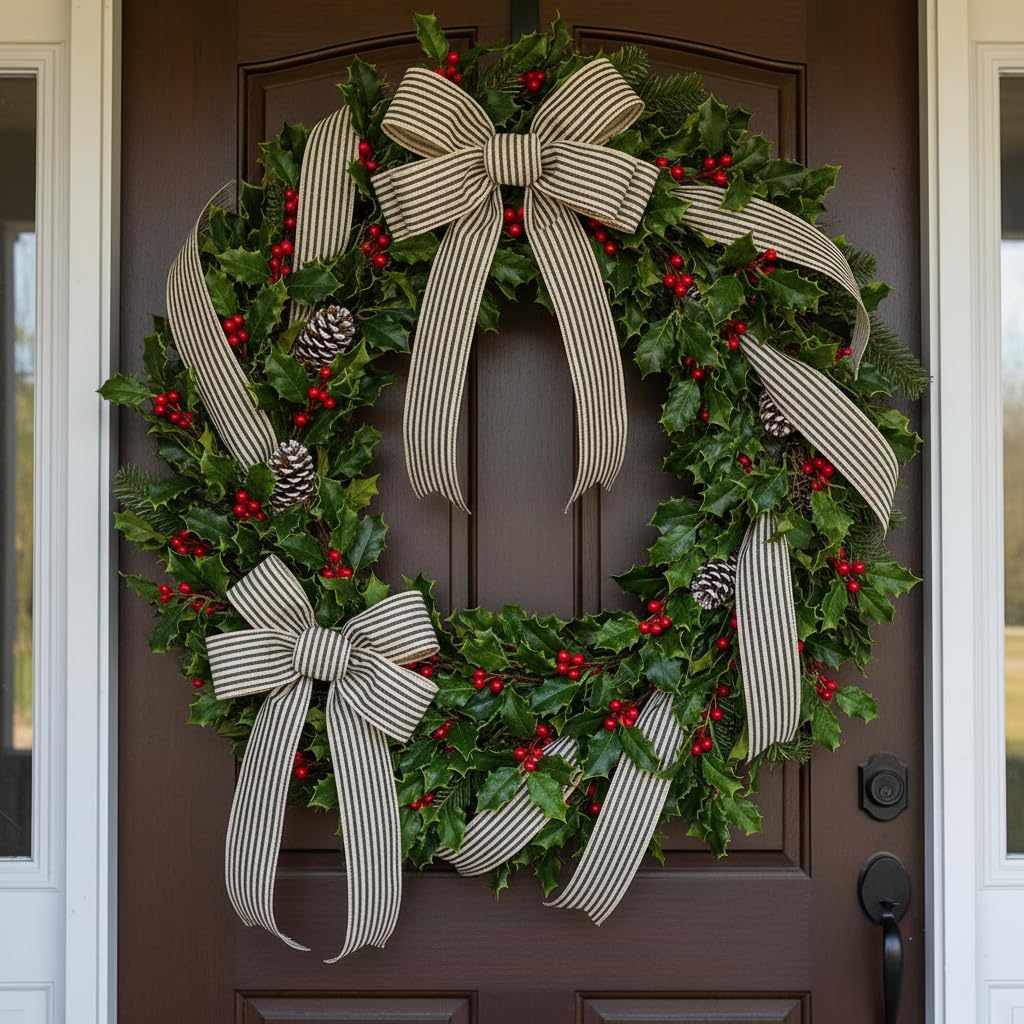 CT CRAFT LLC Ivory Cotton Black Stripes Ribbon 1.5" x 10 Yards for Home Décor Gift Present Wrapping DIY Crafts Birthday Wedding Bouquet Christmas