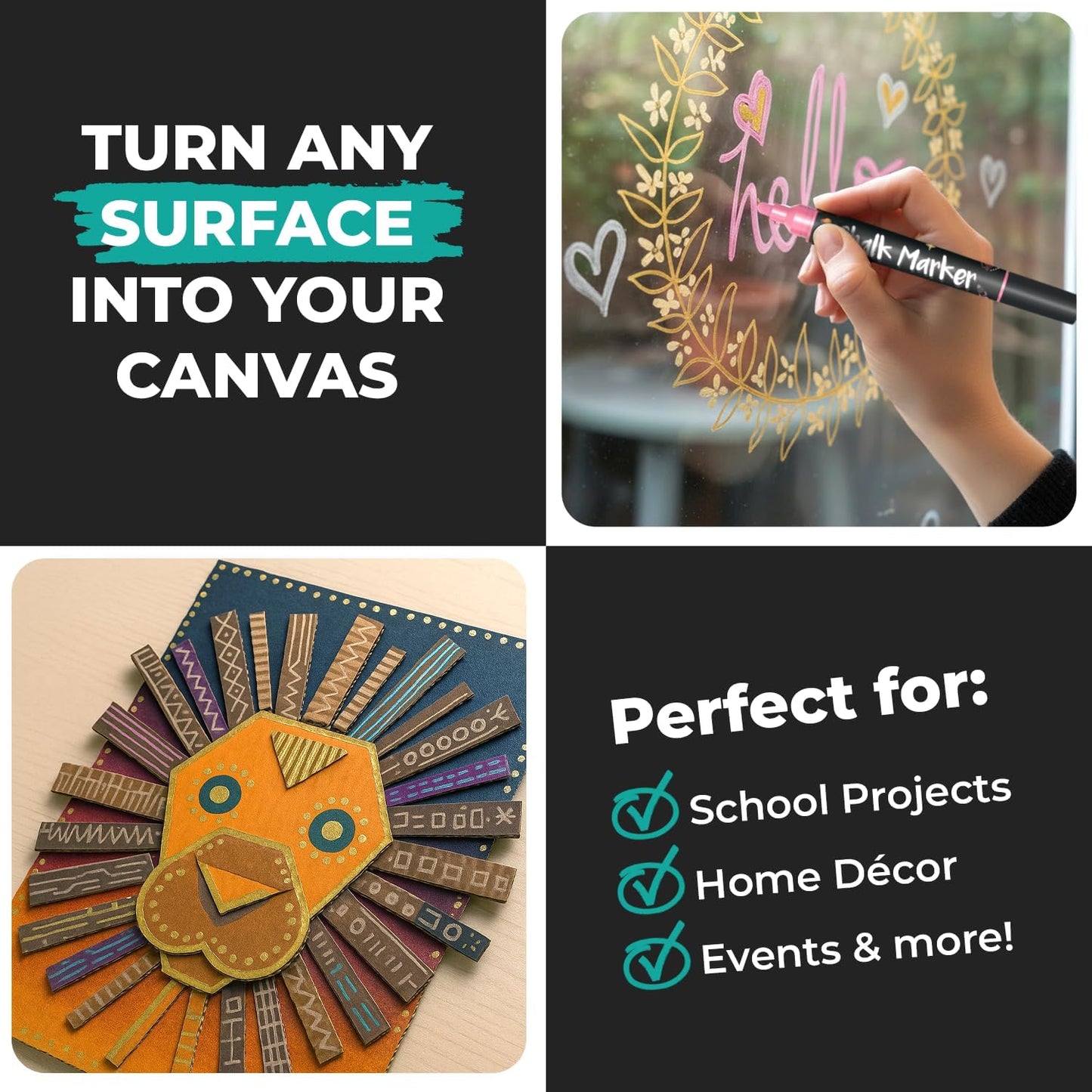 Chalkola Dual Tip Liquid Chalk Markers for Blackboard (10 Metallic Colors, 1mm+5mm Fine, Bold) - Dry Erase Marker Pens for Chalkboards Signs, Car Windows, Glass, Mirrors - Erasable Chalkboard Markers