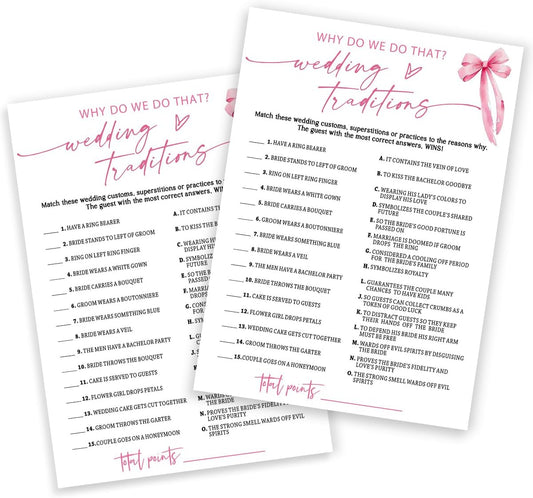 Bridal Shower Games Cards, Wedding Traditions Why Do We Do That, 25 Cards with 1 Answer Card, Engagement Party Games for Guests, Pink Ribbon Bow Wedding Party Supplies - E08