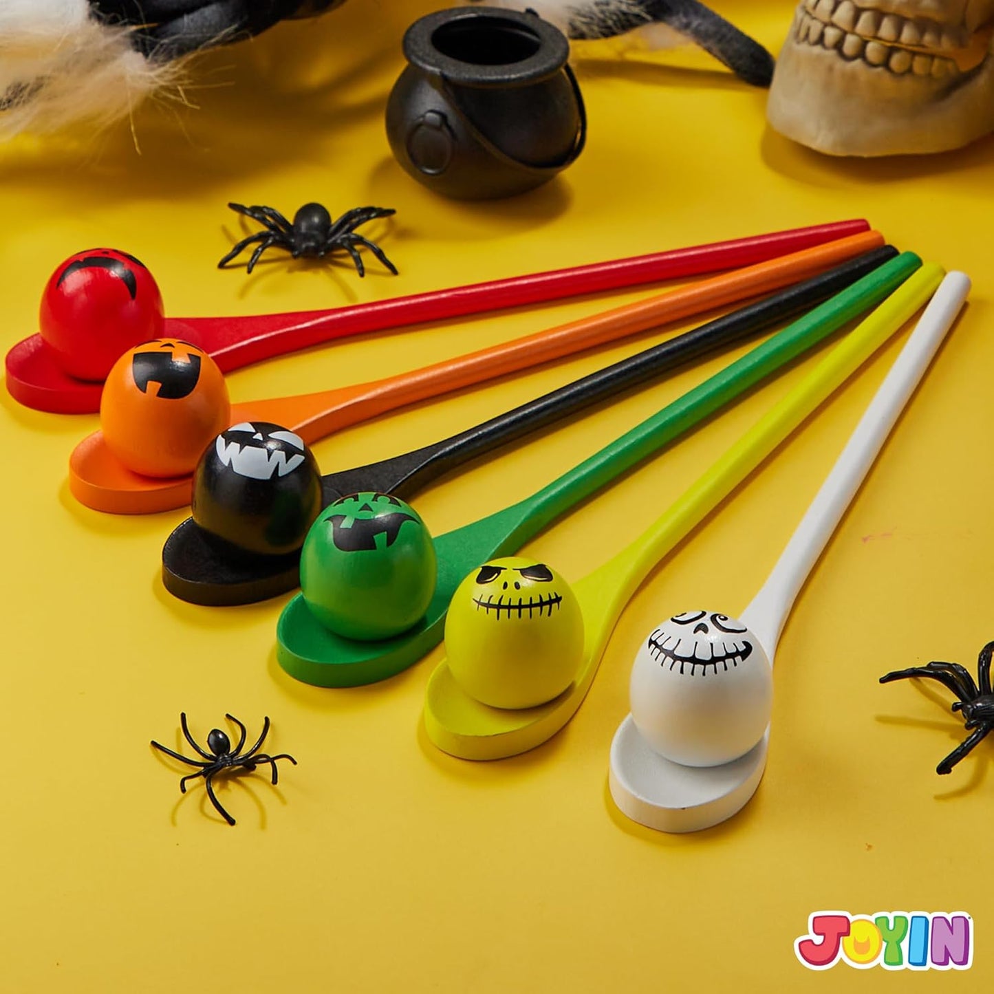 JOYIN 6 Pcs Halloween Egg and Spoon Race Game Set; Eyeballs and Spoons with Assorted Colors for Kids Adults Halloween Outdoor Fun Games, Party Favor Supplies, Classroom Activities