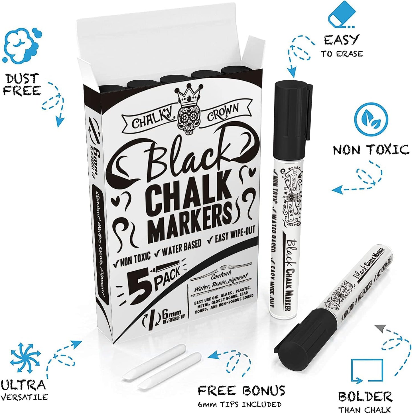 CHALKY CROWN Liquid Chalk Marker Pen - Dry Erase Marker - Chalk Markers for Chalkboard Signs, Windows, Blackboard, Glass - 6mm Reversible Tip (Black, 5 Pack)