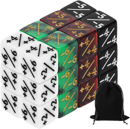 uxcell 24Pcs Magic Dice Counters, Acrylic D6 Life Token Dice Set with Pouch for Standard Cards Gaming Accessories, White, Black, Red & Black, Green & Black