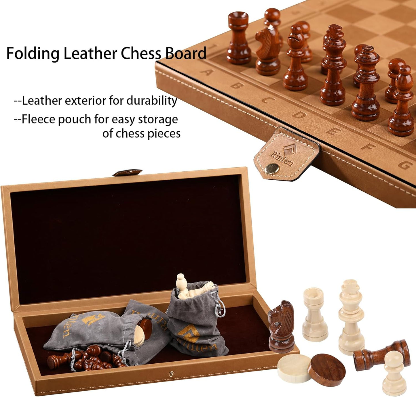 15" Magnetic Chess Set & Checkers Set 2 in 1，Rinten Leather Portable Travel Chess Board Game Sets with Velvet Bag Packaging Beginner Large Chess Set for Kids and Adults