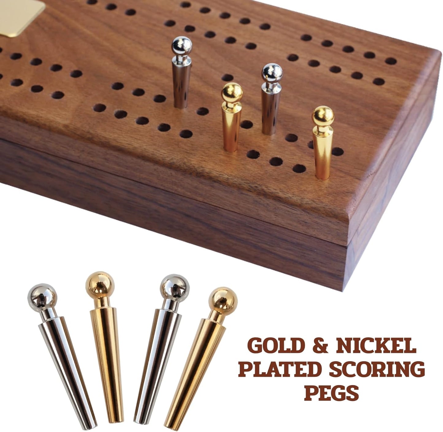 Alex Cramer Le Club Luxury Domino Set with USA-Made Handcrafted Walnut Case and Cribbage Top - 28 Tournament Quality Indestructible Spinner Dominoes. Gold & Nickel pegs