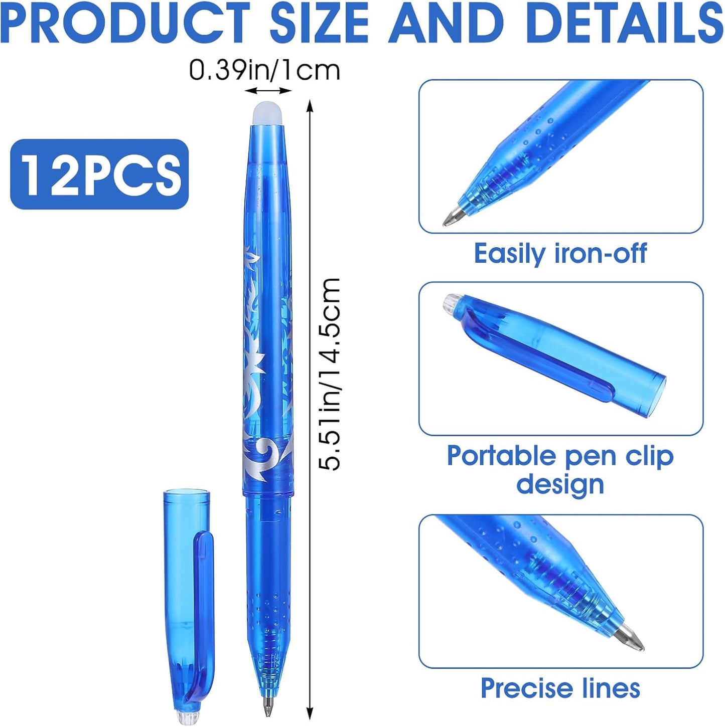 12pcs Heat Erasable Pens for Fabric, Fabric Marking Pens Fabrics Markers No Ghost Lines, Disappearing Ink for Precise Marking for Quilting Sewing Embroidery DIY Dressmaking Fabrics Tailors Chalk