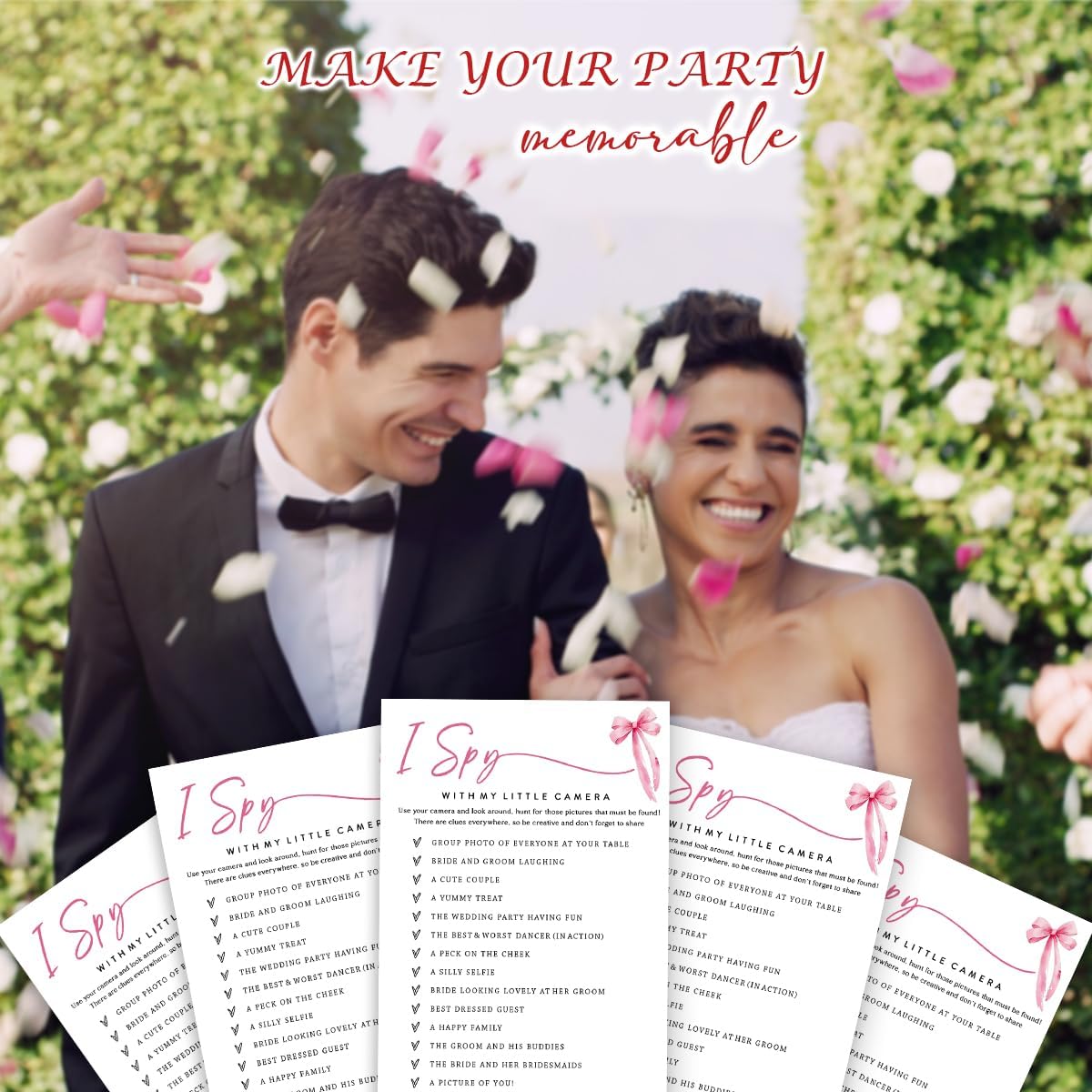 Wedding Shower Games Cards, I Spy with My Little Camera, Bridal Shower Games 25 Guests, Engagement Party Wedding Games for Guests, Pink Ribbon Bow Wedding Party Supplies - E02